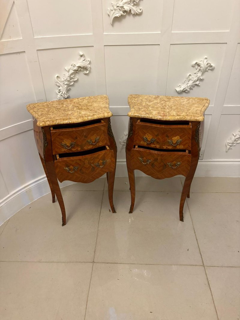Antique Quality Pair of French Louis XV Style Marquetry Bedside Cabinets